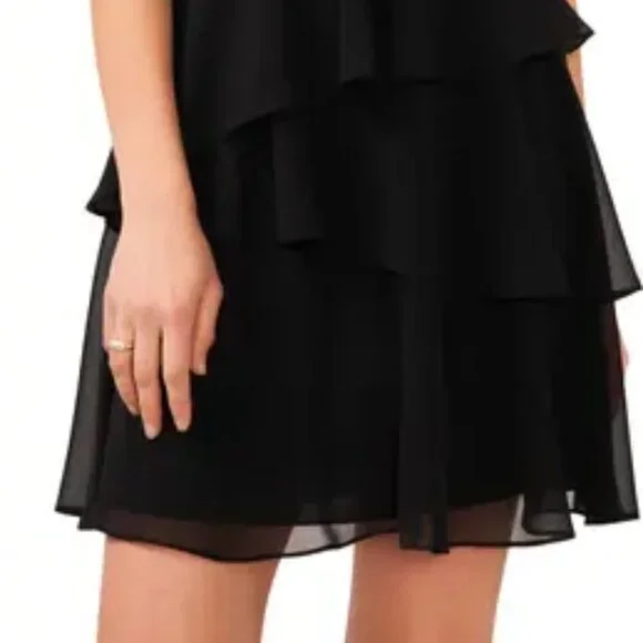 NWOT Halogen Flutter Sleeve Tiered Ruffle Chiffon Black Dress Size Large - Picture 2 of 7